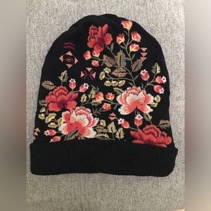 Johnny Was Misha Beanie Floral Embroidered Knit Ribbed Boho Ski Cap Hat NWOT